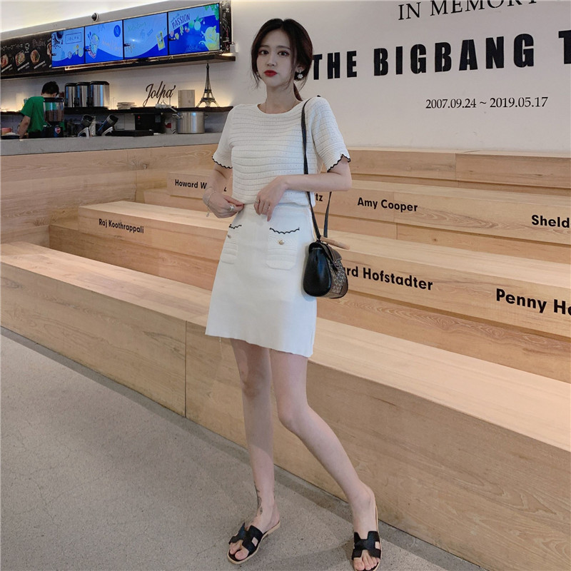 VK旗艦店 韓系復古名媛針織鏤空套裝短袖裙裝