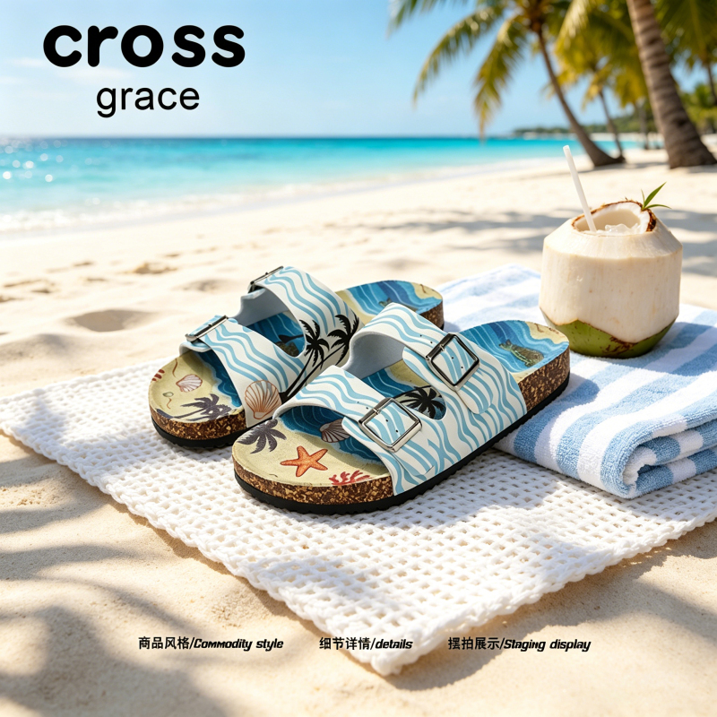 [Resort Casual Style] Crossgrace Summer Printed Double Buckle Birkenstock Sandals Couple's Non-Slip Beach Shoes