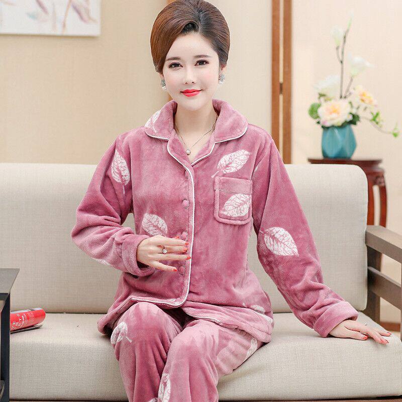 Middle Aged Mother Sleepwear Woman Autumn Winter Thickened Coral Suede Elderly Mother-In-Law Garnter Thickened Mid-Aged Flange Suede