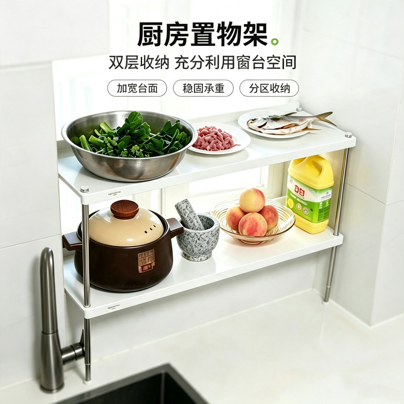 Kitchen Storage Rack Windowsill 2026 New Model Double-Layer Extension Board for Windowsill and Sink Side, Multi-Layer Shelf for Tabletop