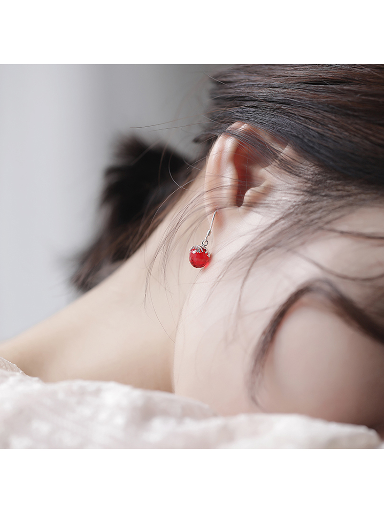Strawberry silver earrings women's simple small fresh strawberry crystal ear hook drop earrings Korean temperament fashion wild net red earrings