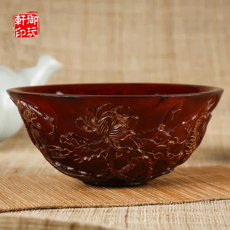 Natural Horn Bowl Retro Old Carving Lotus Fish Pattern Ornaments Horn Big Bowl Horn Carving Special Crafts S