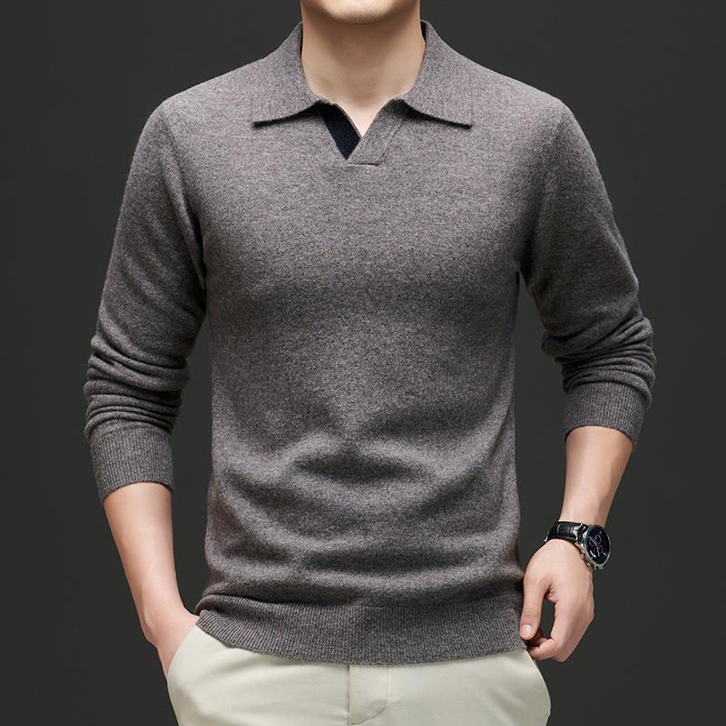 New Autumn and Winter Men's V-Neck Design 100% Wool Sweater, Simple Solid Color Small Lapel Pure Wool Knit Base Shirt