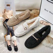 2021 Winter flat large size Bean shoes women 41-43 plus velvet warm thick bottom fat foot wool shoes outside wear Lamb hair