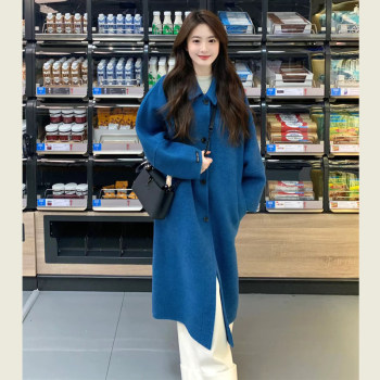 Blue casual loose mid-length woolen jacket