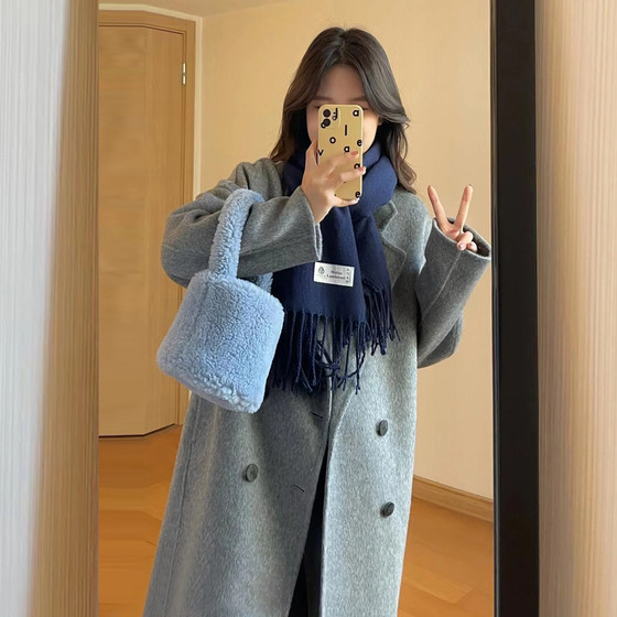 High-end gray woolen coat 2023 autumn and winter Korean version thickened small woolen coat women's mid-length