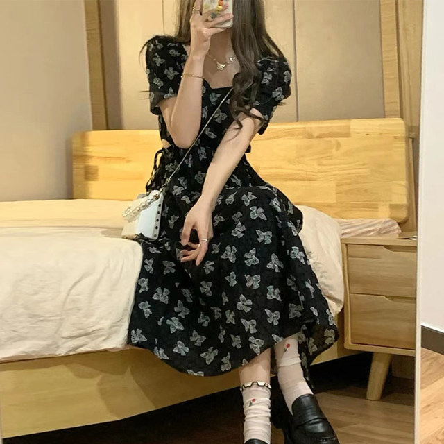 2023 spring and summer new French puff sleeve pinch waist skirt black long skirt slim waist floral chiffon dress women