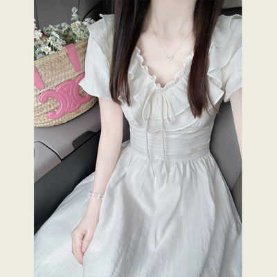 Clearance! A new summer French puffed sleeve, ruffled V-neck, waist-cinching and slimming dress for women