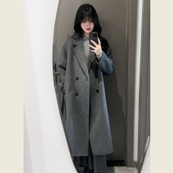 韩系赫本风深灰色呢子大衣女中长款小个子秋冬季高级感毛呢外套