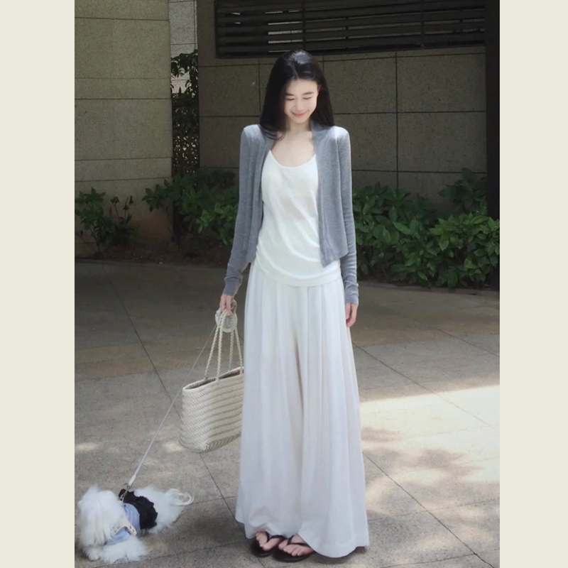 Minimalist Style Loose Fashion Casual Suit for Women, Autumn Gray Cardigan Jacket, White Inner Top, Wide-Leg Pants Three-Piece Set