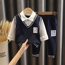 Children's autumn dress boy fake two-piece vests baby academic style children's clothing lapel jacket foreign style long sleeve two-piece set
