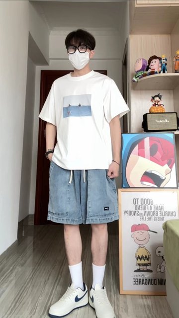 WHICHONE ຍີ່ປຸ່ນ summer retro ຖົງຂະຫນາດໃຫຍ່ drawstring elastic waist ກວ້າງຫ້າໄຕມາດ denim trousers ສັ້ນ