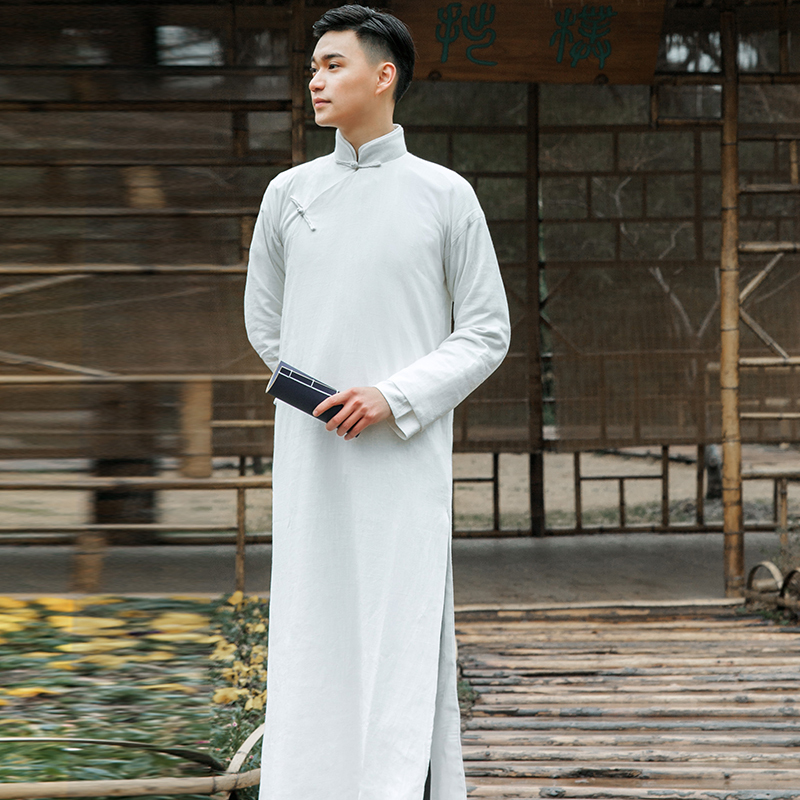 Men's Cotton and Linen Long Coat, Gentleman's Attire, Qipao-Style Robe, Shanghai-Style Young Gentleman's Butler Outfit, Republic of China Era Costume for Performance
