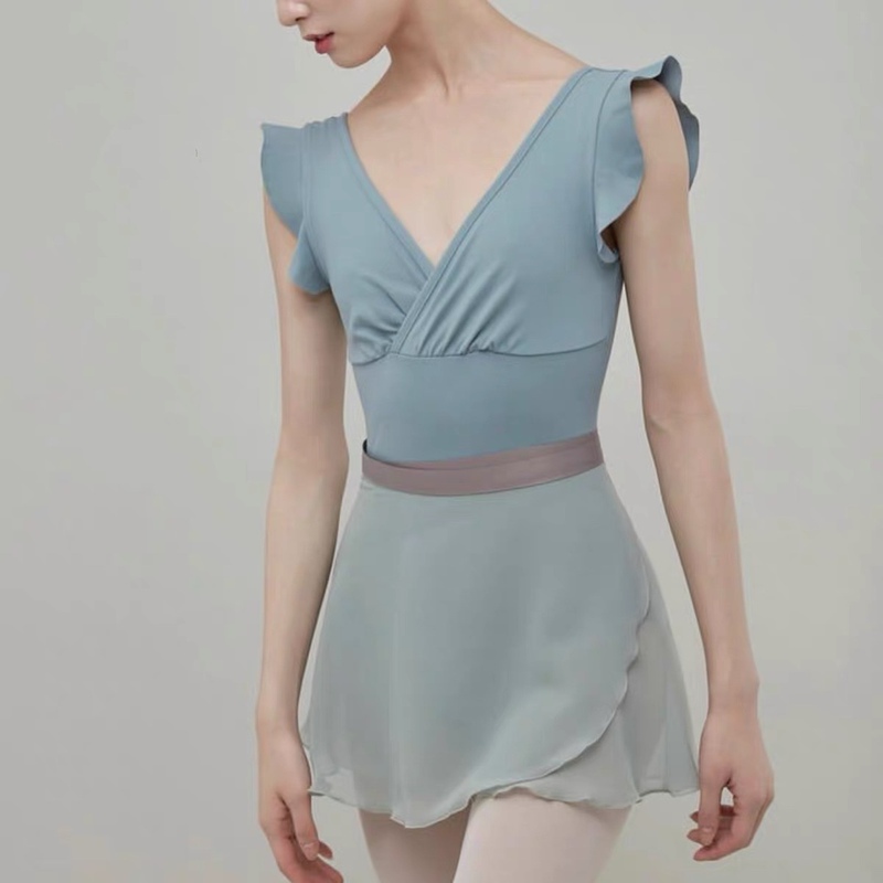 Korean Style New Ballet Dance V-Neck Pleated Flutter Sleeve Leotard Ballet Dance Gymnastics Training Suit