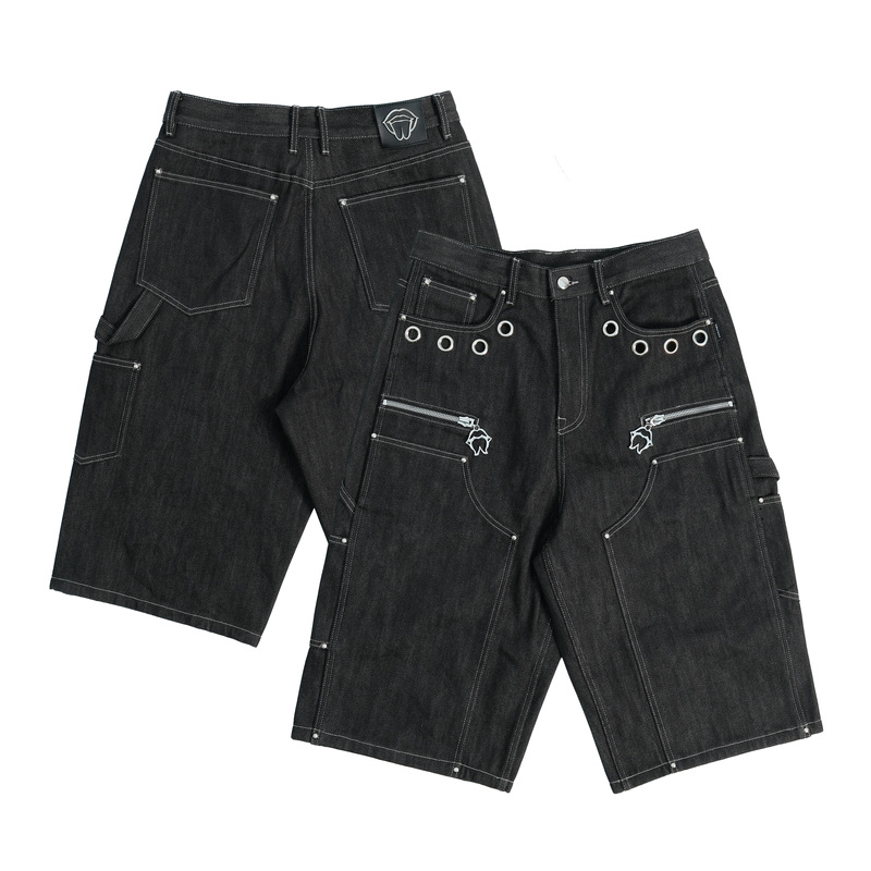 Thewet 14oz American Street Style Raw Rivet Denim Capri Pants for Men, Black Deconstructed Style with Visible Stitching Shorts Thewet 14oz American Street Style Raw Rivet Denim Capri Pants for Men, Black Deconstructed Style with Visible Stitching Shorts