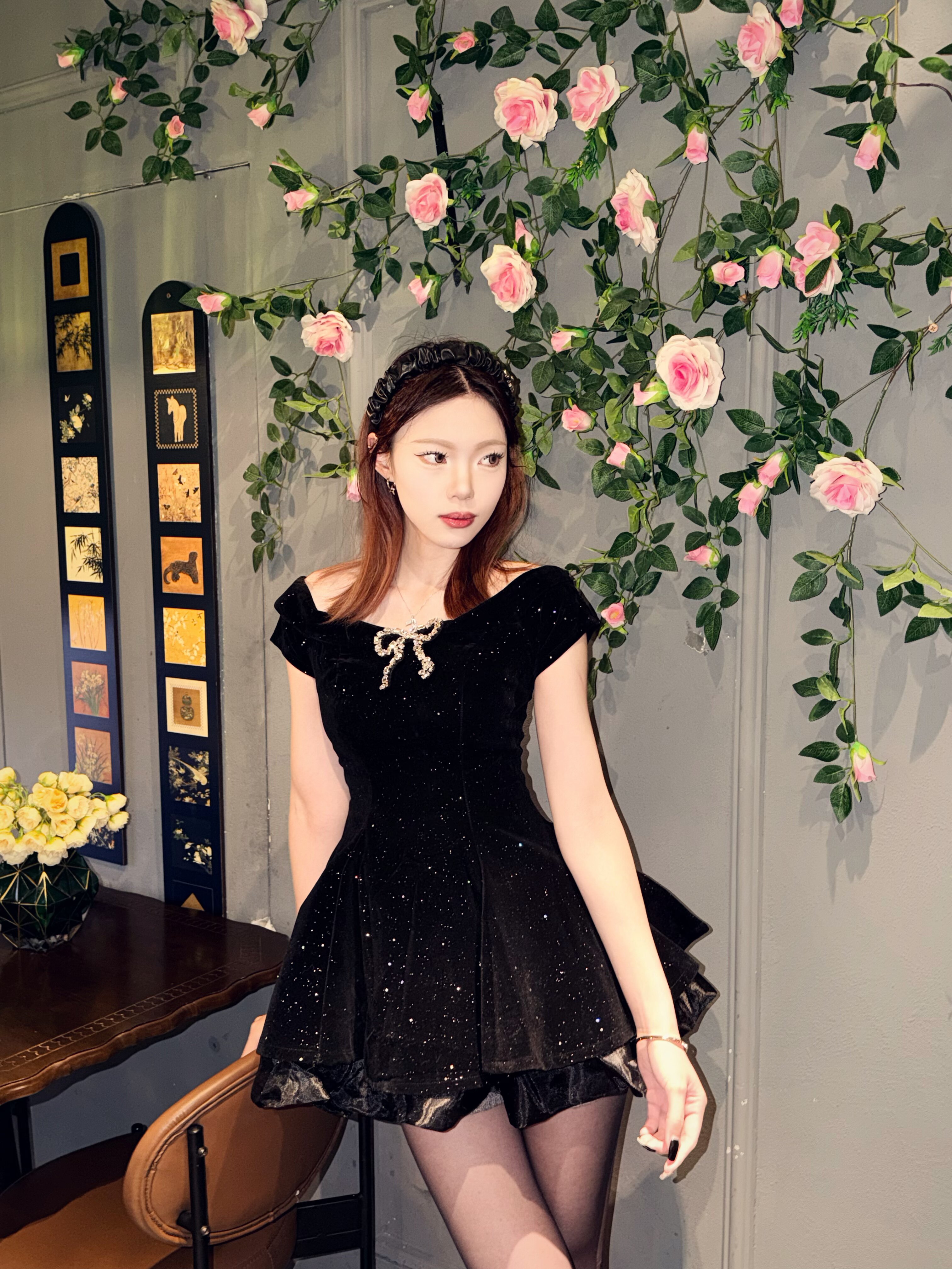 SYJ舒衣家微胖mm法式小黑裙 蓬蓬裙摆遮肉显瘦 收腰设计勾勒腰线生日礼服