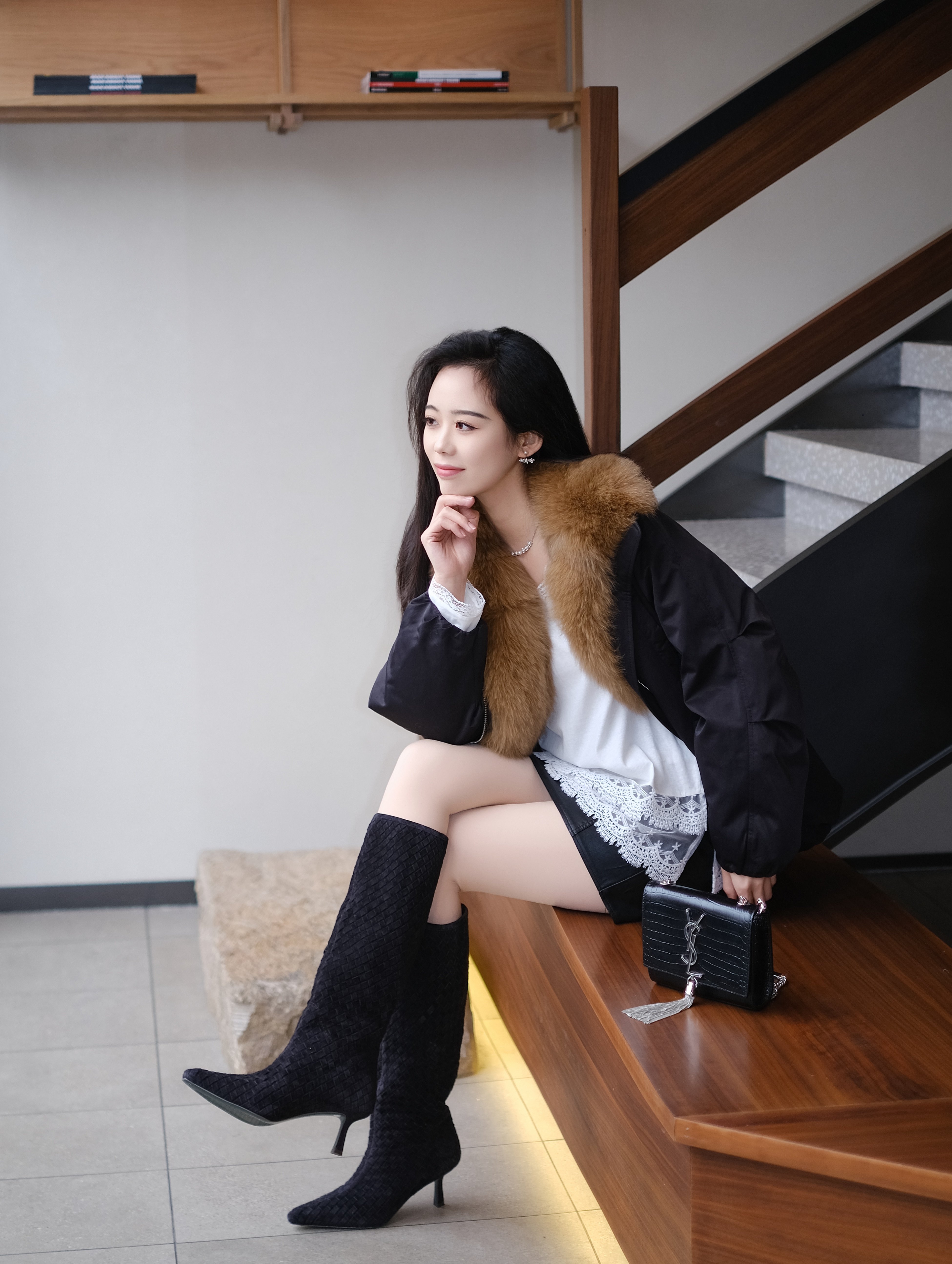 Le' Murmure冬季时尚羊反绒长筒靴堆堆设计慵懒随性 高跟拉长腿部比例