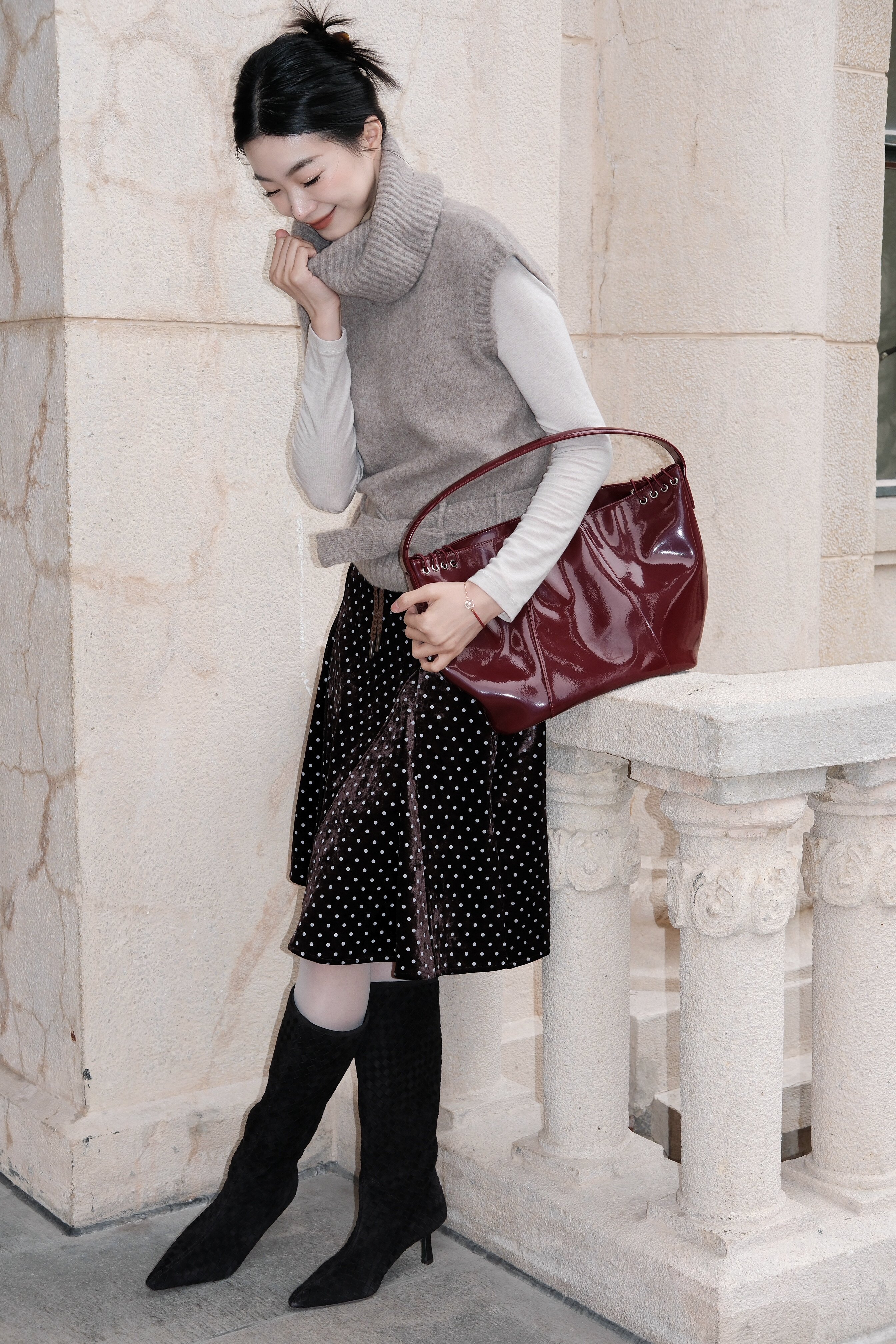 Le' Murmure冬季时尚羊反绒长筒靴堆堆设计慵懒随性 高跟拉长腿部比例