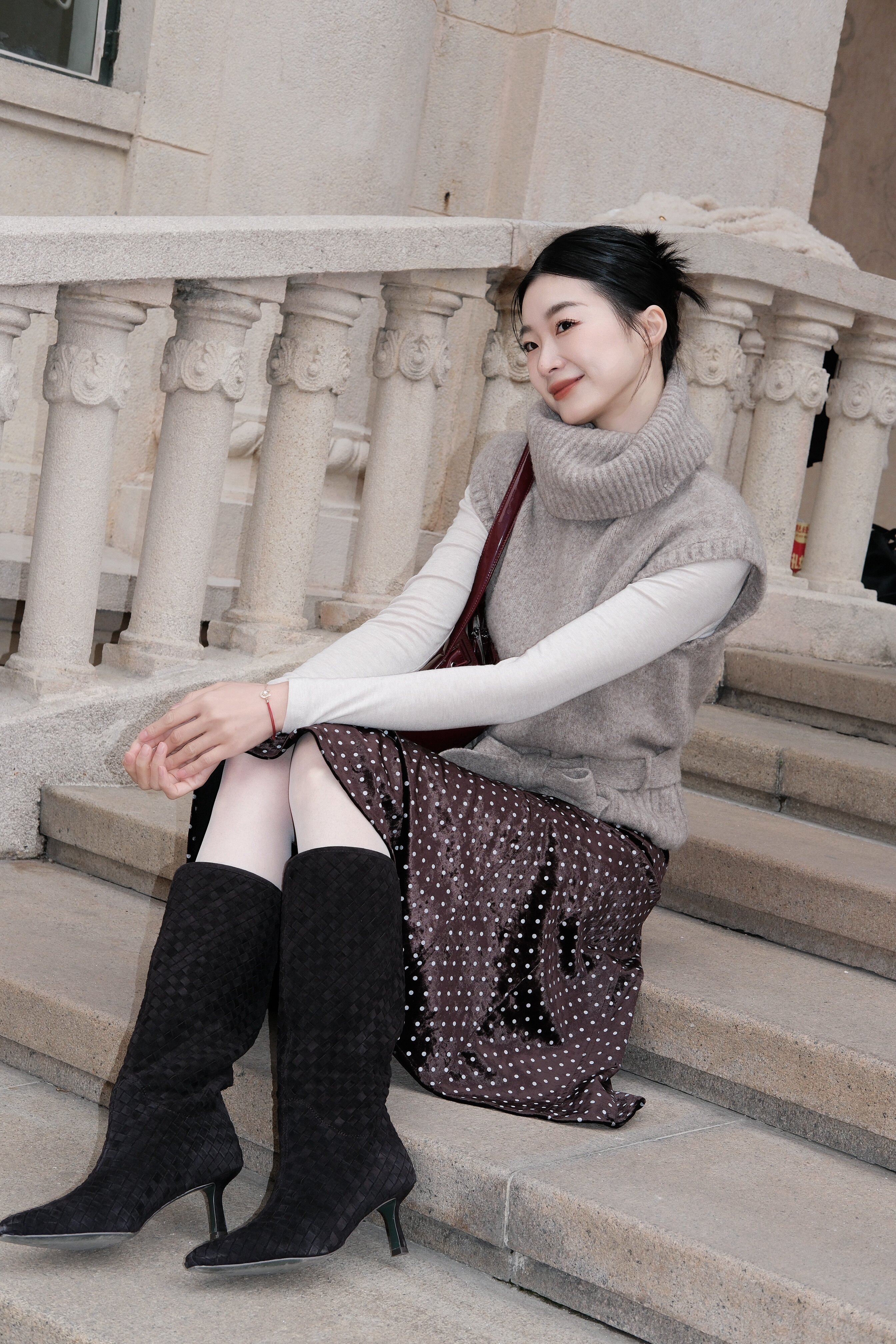 Le' Murmure冬季时尚羊反绒长筒靴堆堆设计慵懒随性 高跟拉长腿部比例