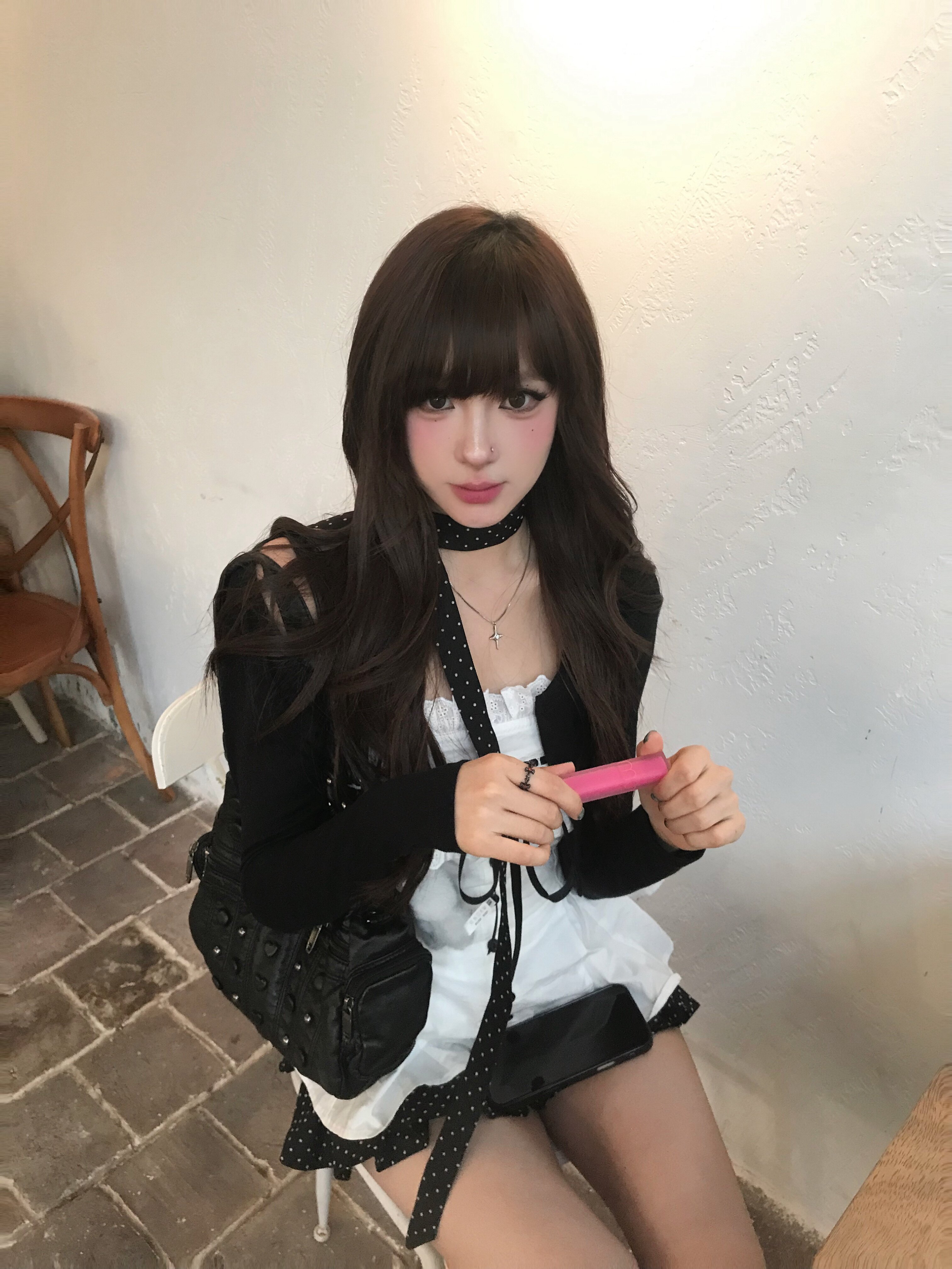 POPWEST韩女三件套 针织开衫+花边蝴蝶结吊带+波点短裙 一套搞定甜酷穿搭