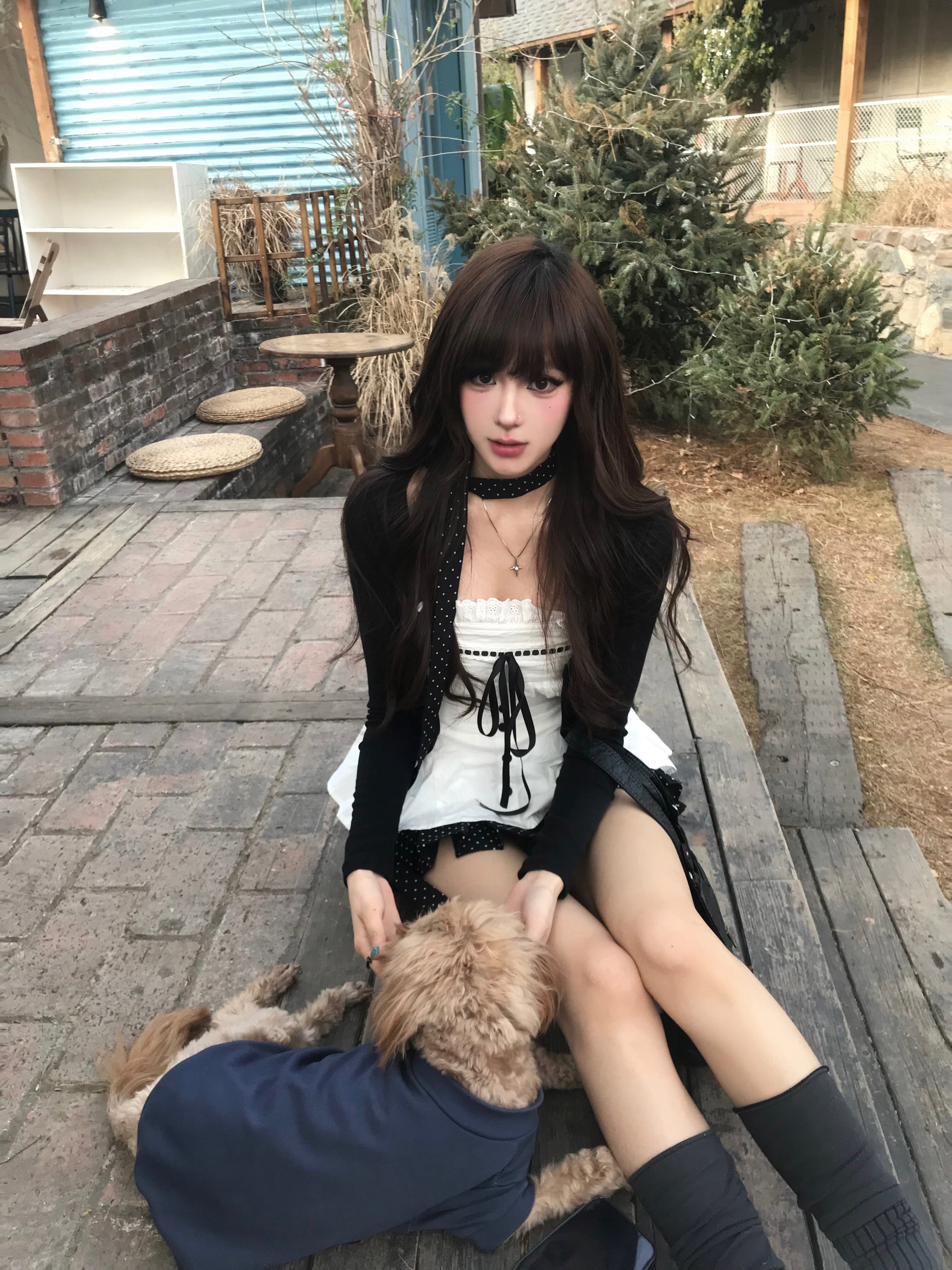 POPWEST韩女三件套 针织开衫+花边蝴蝶结吊带+波点短裙 一套搞定甜酷穿搭