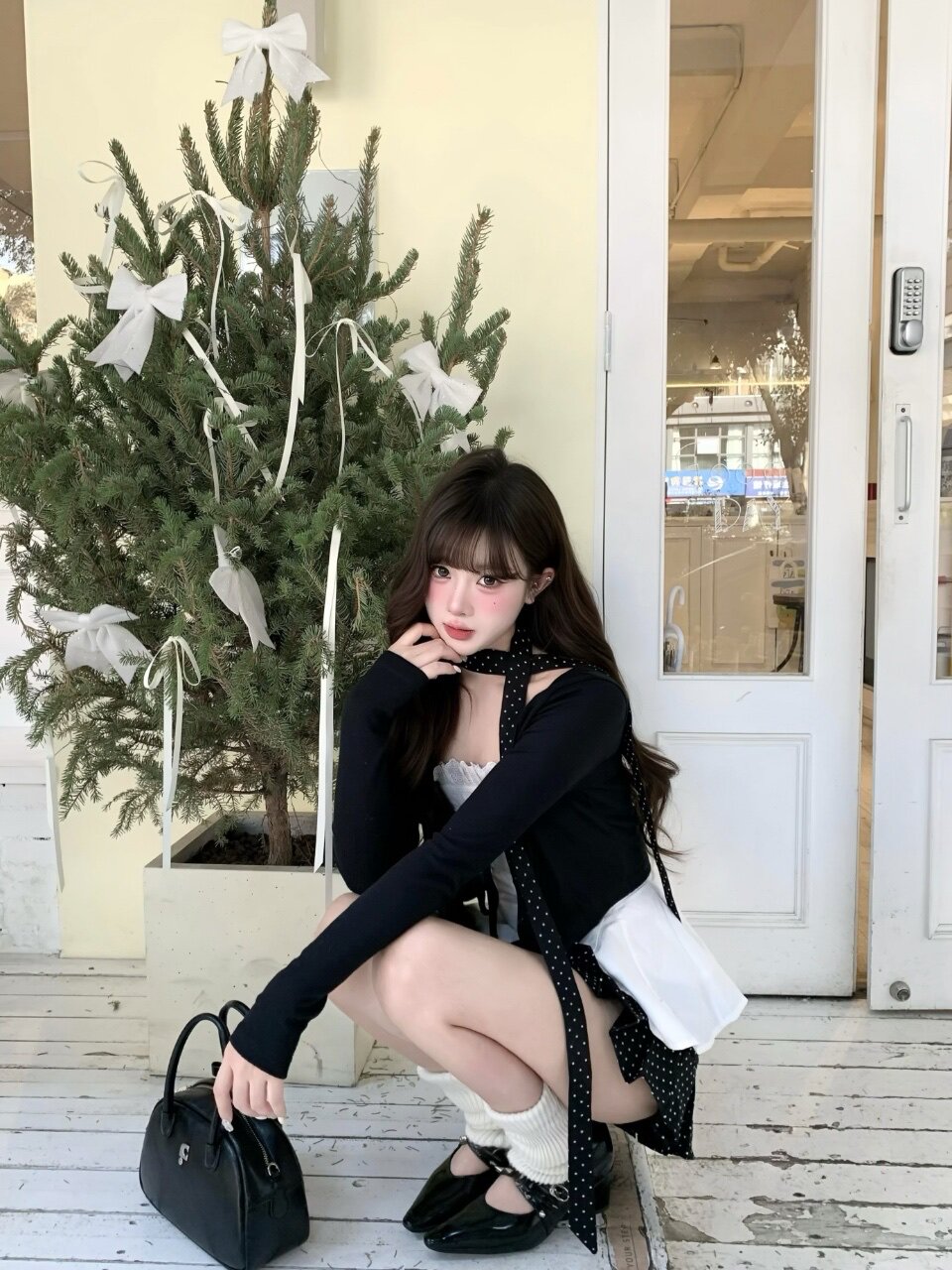 POPWEST韩女三件套 针织开衫+花边蝴蝶结吊带+波点短裙 一套搞定甜酷穿搭