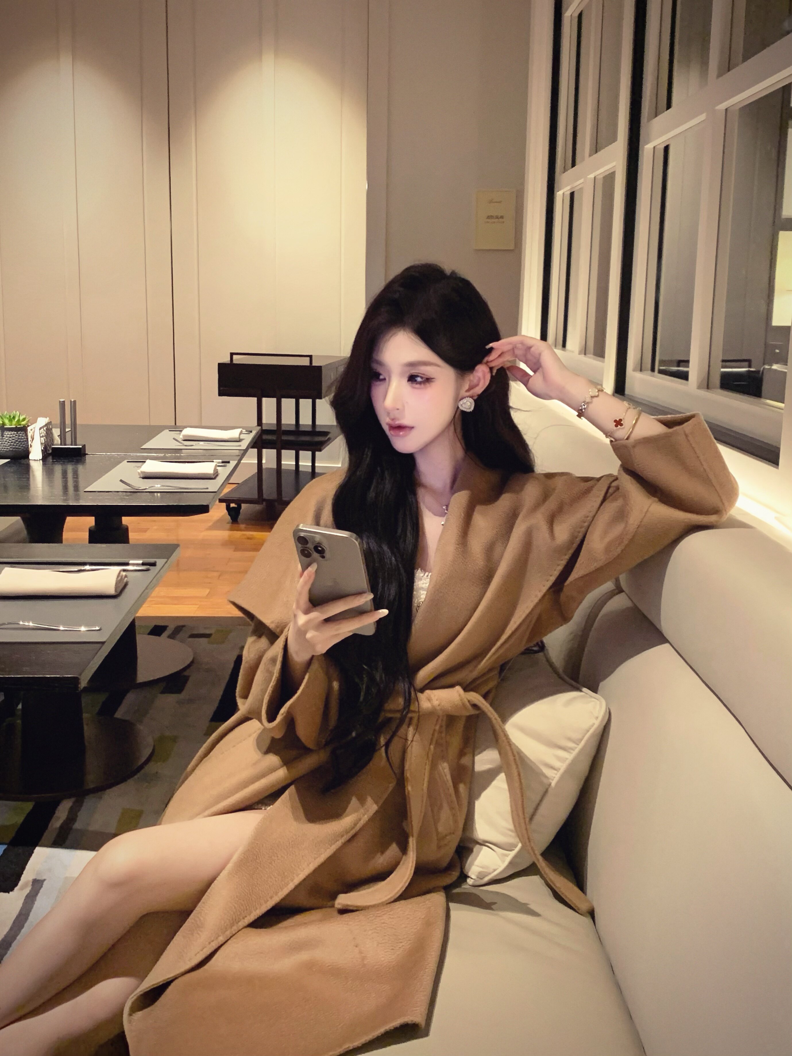 JIUCHIC|M家Rienza大翻领双面水波纹山羊绒大衣