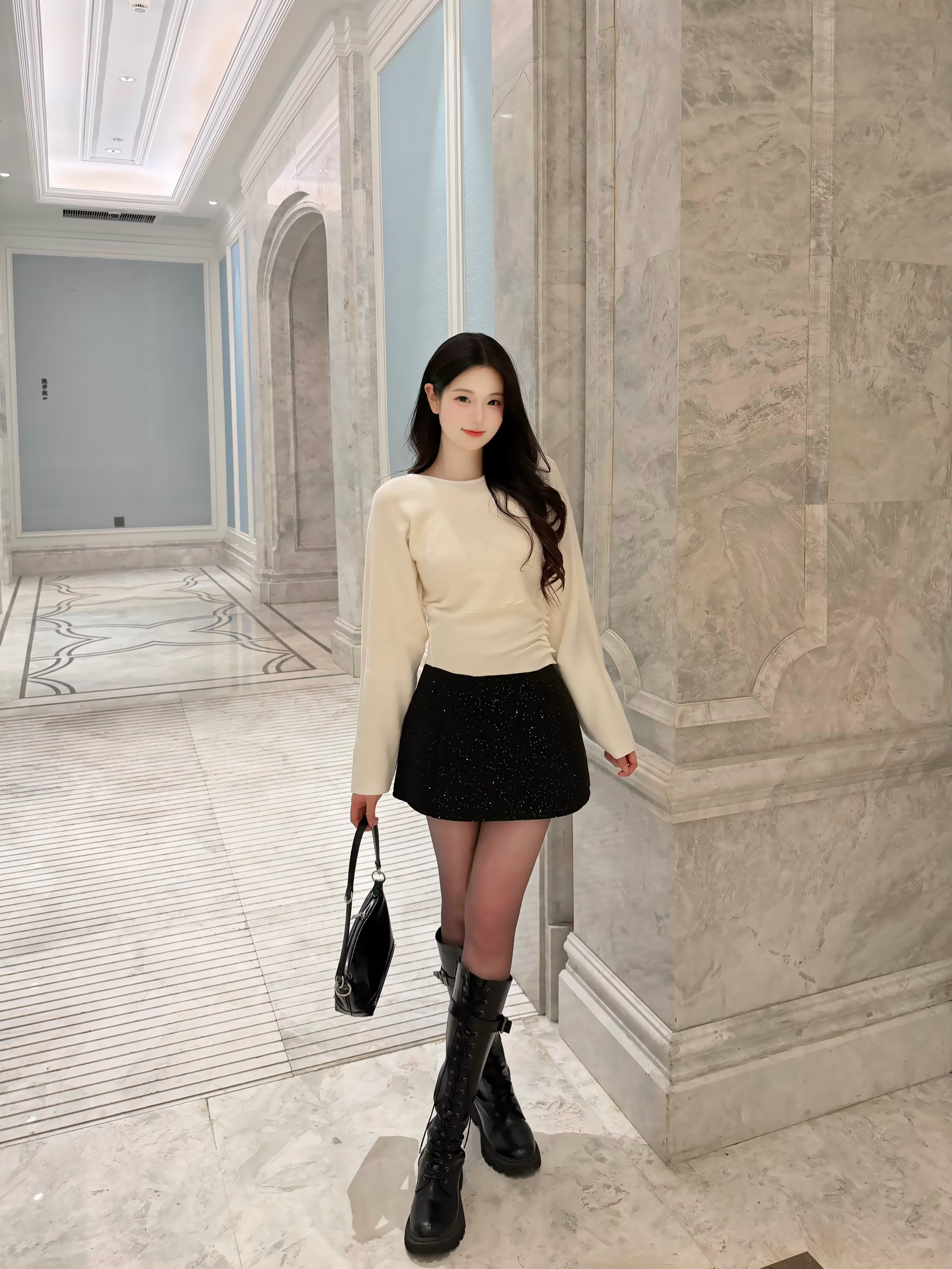 周章章"嘉顿斯"秋冬白色毛衣,斜肩收腰设计穿出温柔高级感