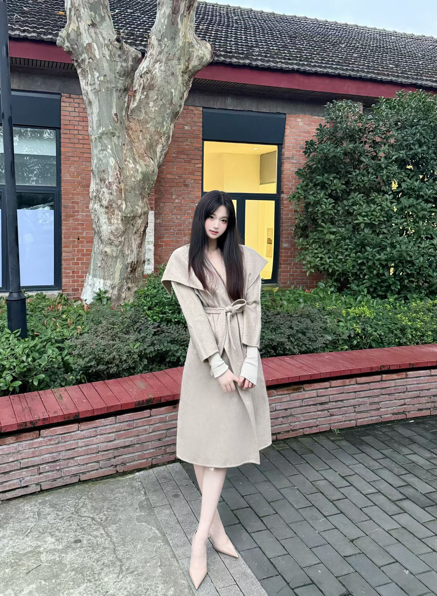 JIUCHIC|M家Rienza大翻领双面水波纹山羊绒大衣