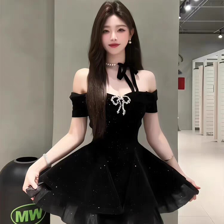 SYJ舒衣家微胖mm法式小黑裙 蓬蓬裙摆遮肉显瘦 收腰设计勾勒腰线生日礼服