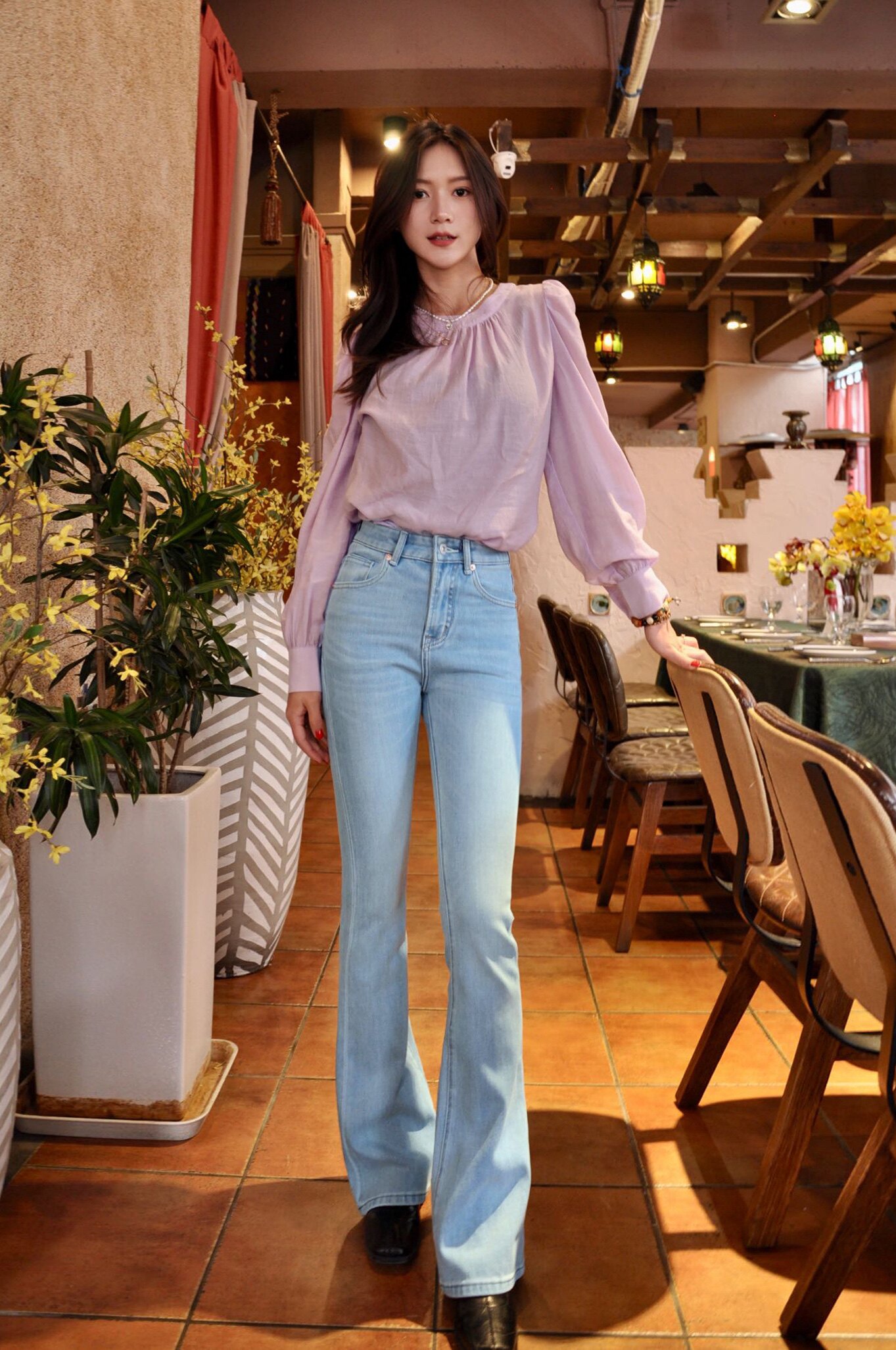 信购春季特调青光调微喇叭牛仔裤 浅蓝色清新百搭 高腰四面弹提臀显瘦