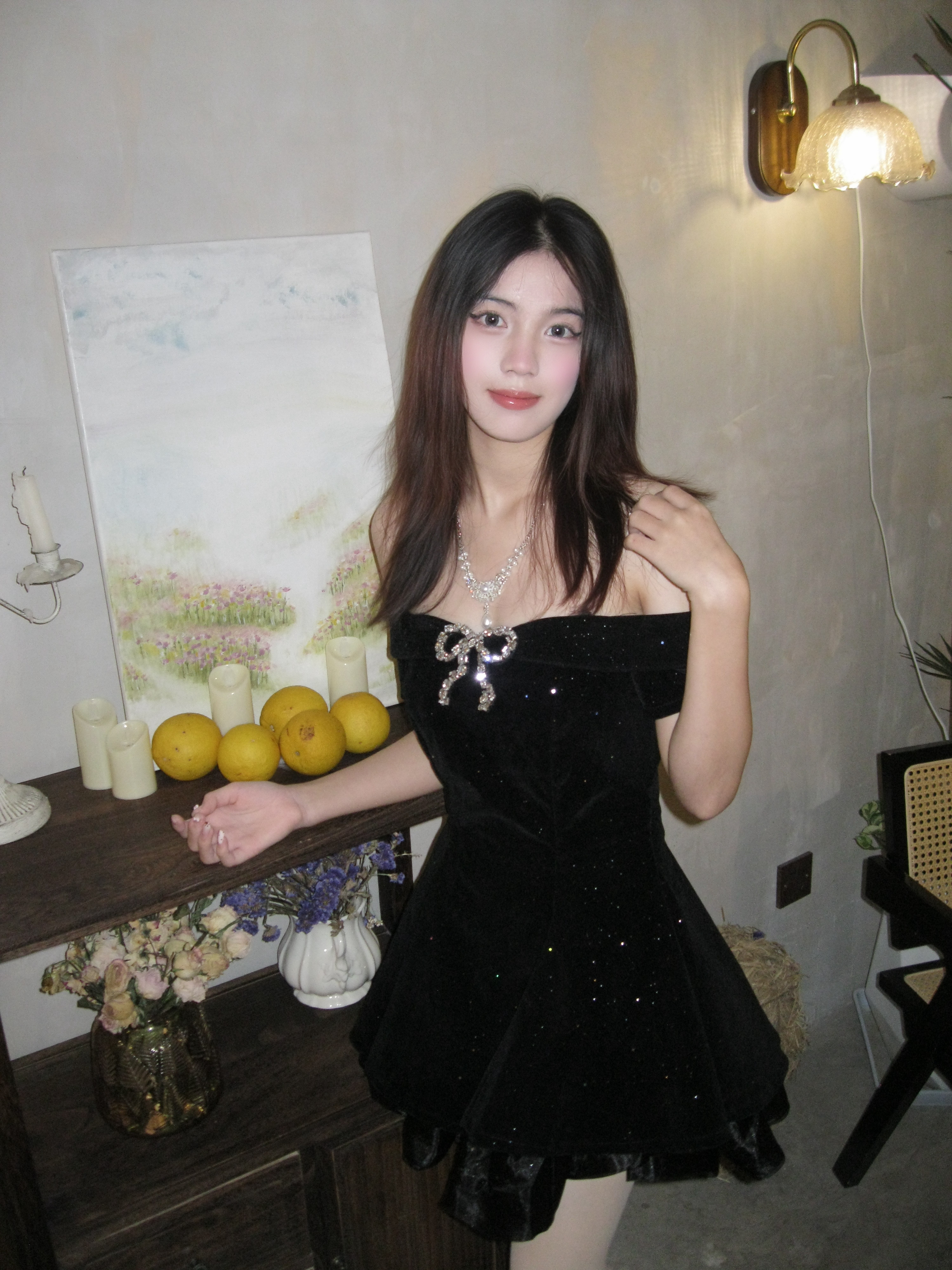 SYJ舒衣家微胖mm法式小黑裙 蓬蓬裙摆遮肉显瘦 收腰设计勾勒腰线生日礼服