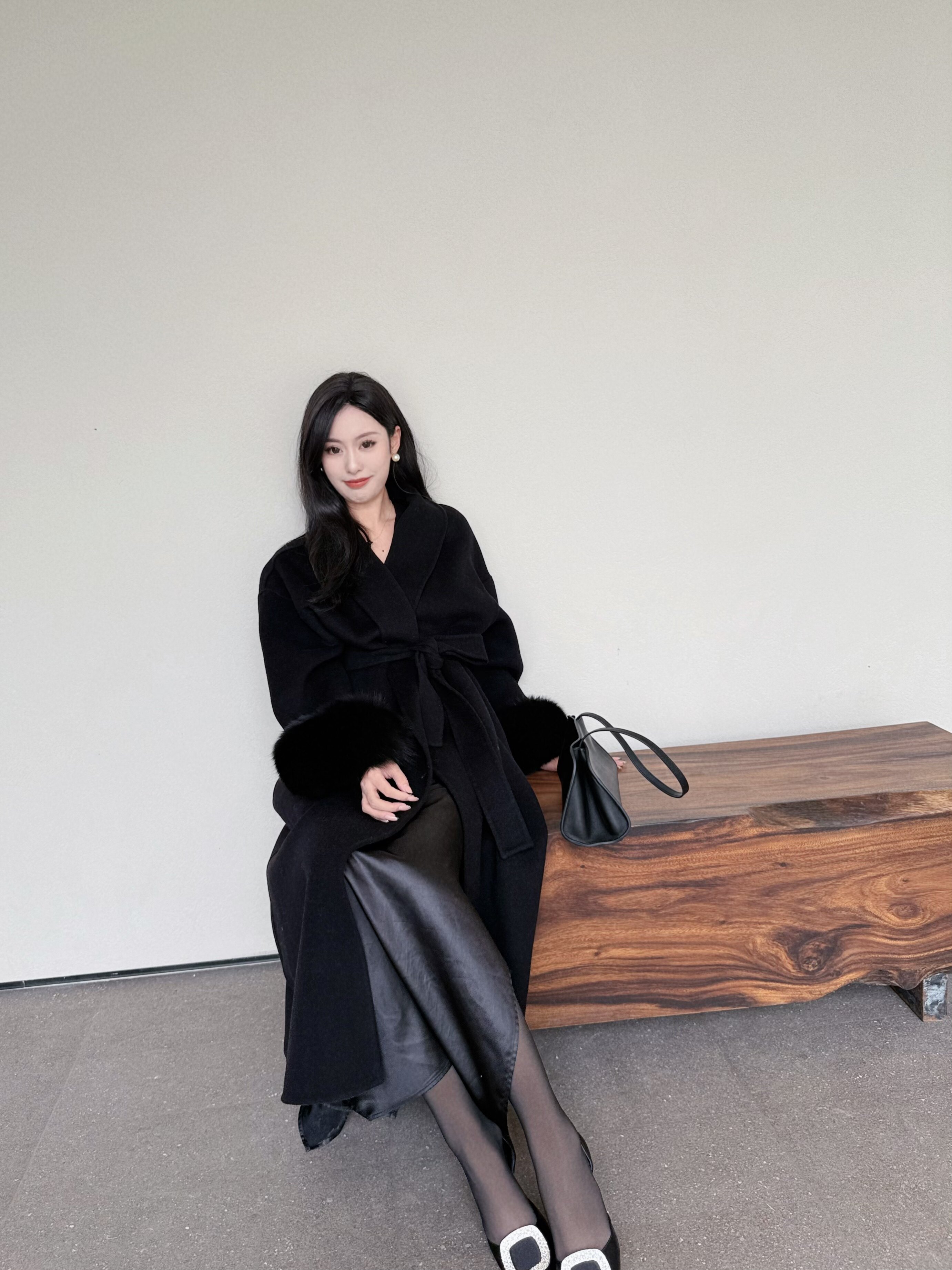 WTTAI万太太小个子专属绵羊毛大衣 中长款设计不压身高 狐狸毛袖口奢华点睛