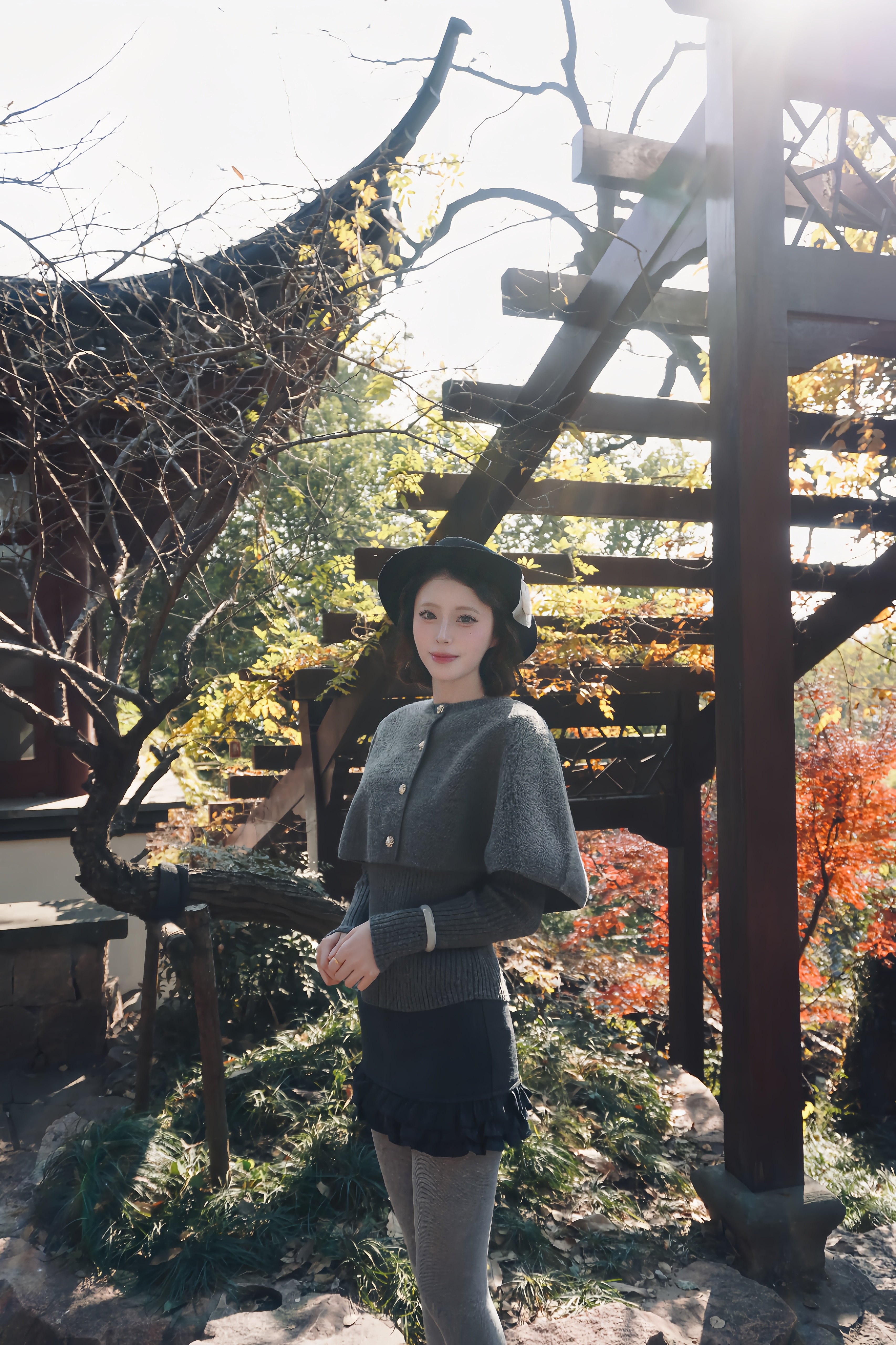 OYFF凡凡【小步舞曲】灰色套装,斗篷式廓形披肩A字短裙三件套设计省心