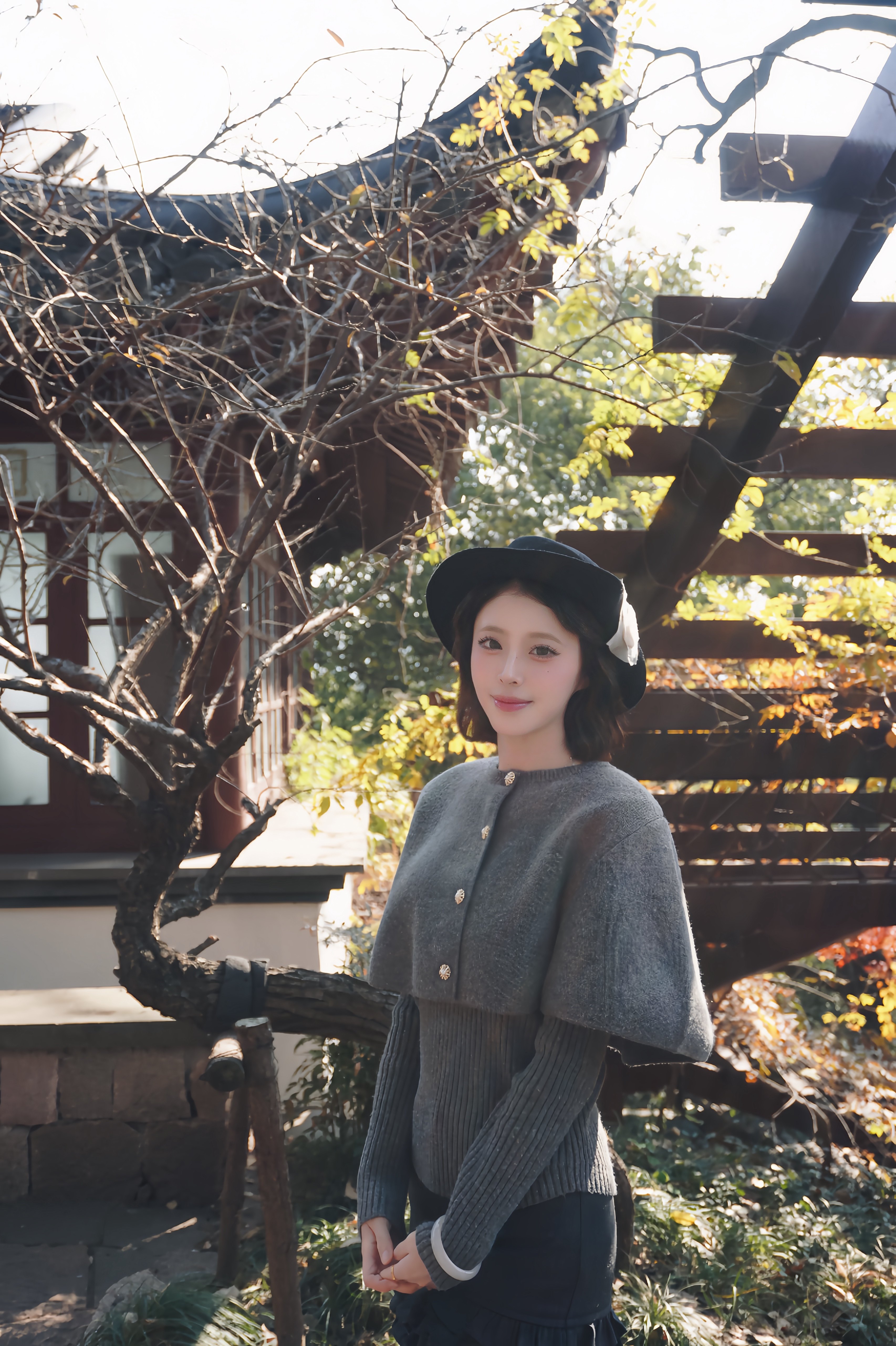 OYFF凡凡【小步舞曲】灰色套装,斗篷式廓形披肩A字短裙三件套设计省心