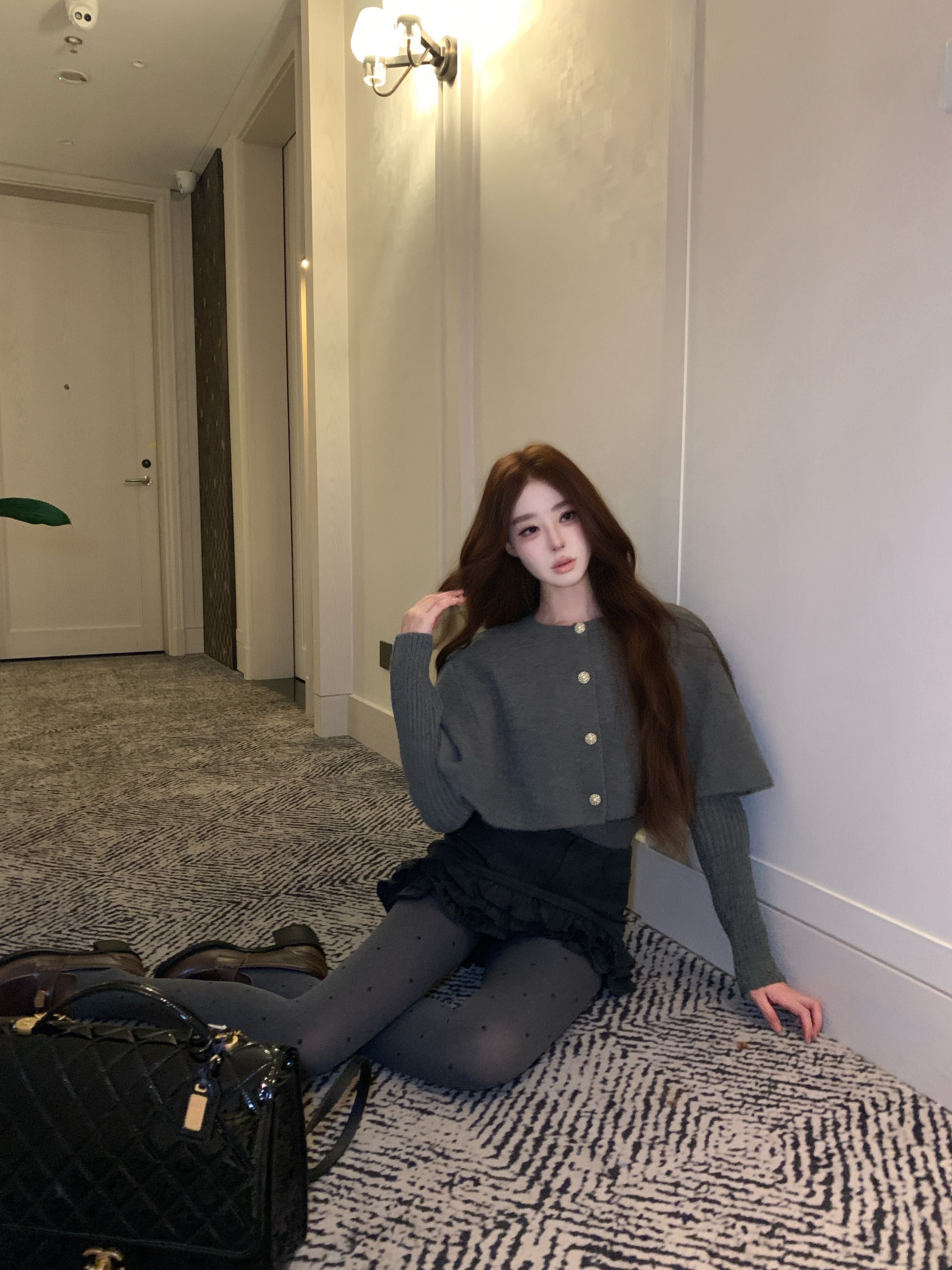 OYFF凡凡【小步舞曲】灰色套装,斗篷式廓形披肩A字短裙三件套设计省心