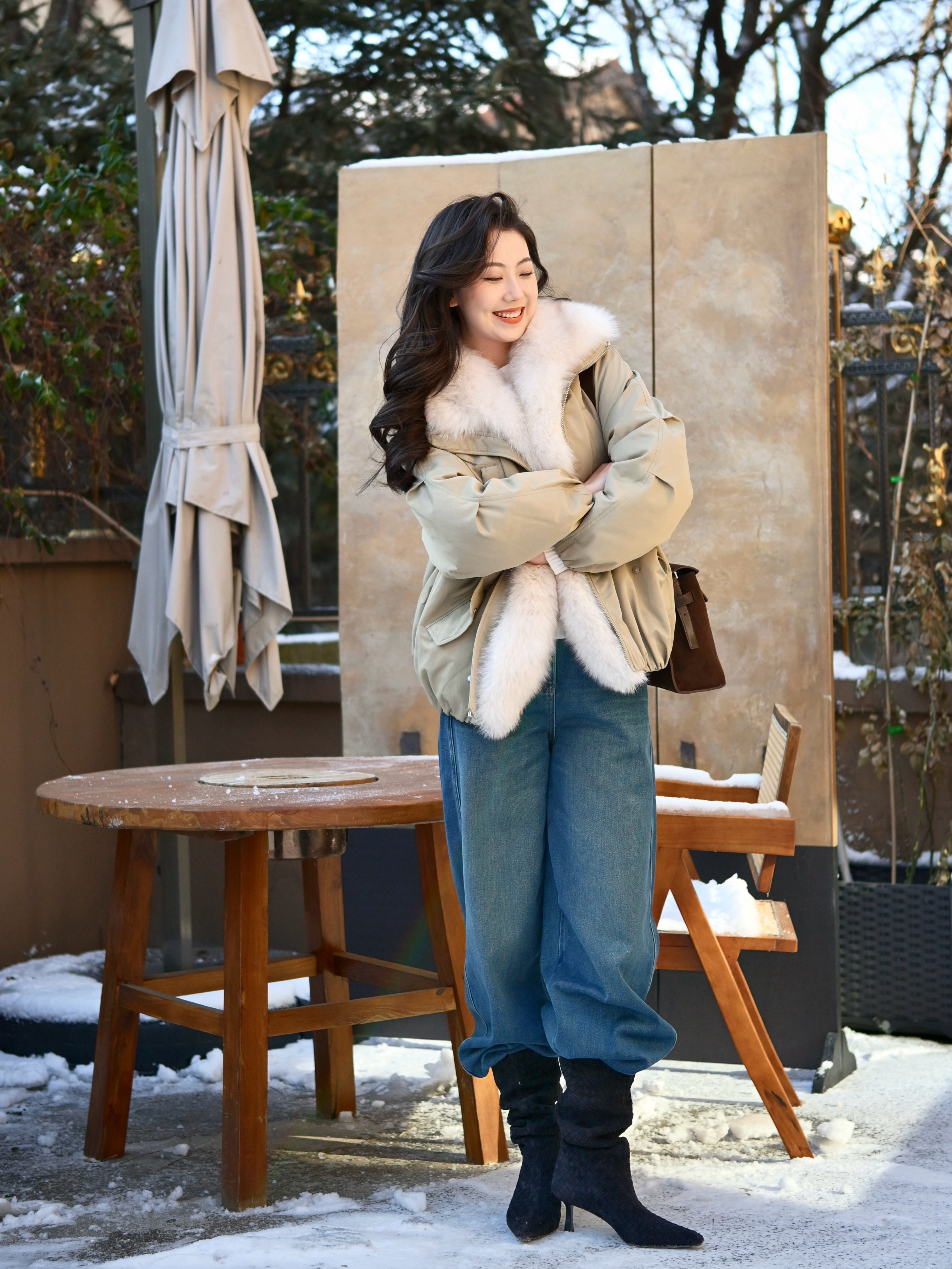 Le' Murmure冬季时尚羊反绒长筒靴堆堆设计慵懒随性 高跟拉长腿部比例