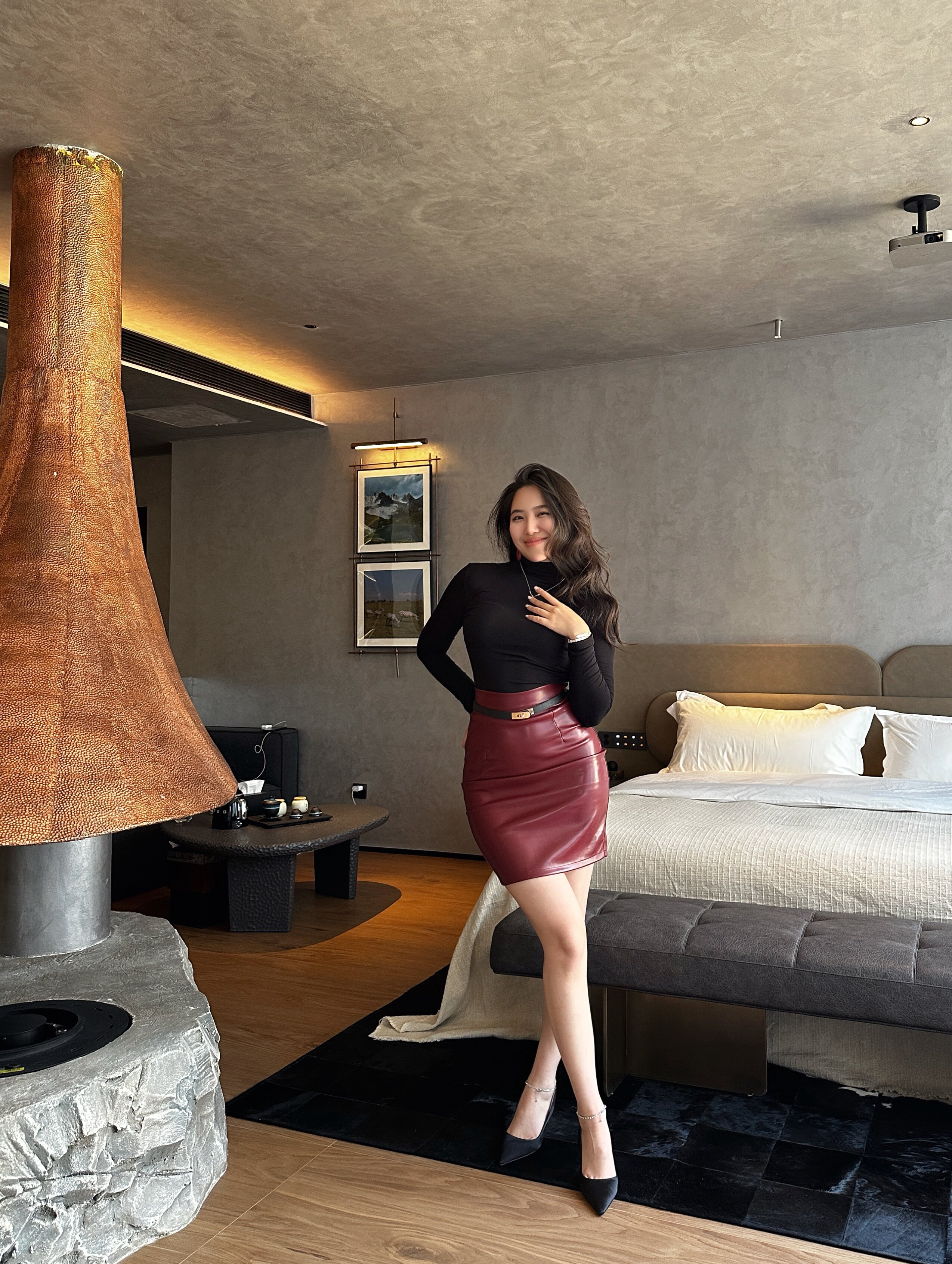 Young Girl Day韩系纯欲OL风 高腰显瘦PU皮包臀裙 中长款遮肉不压身高