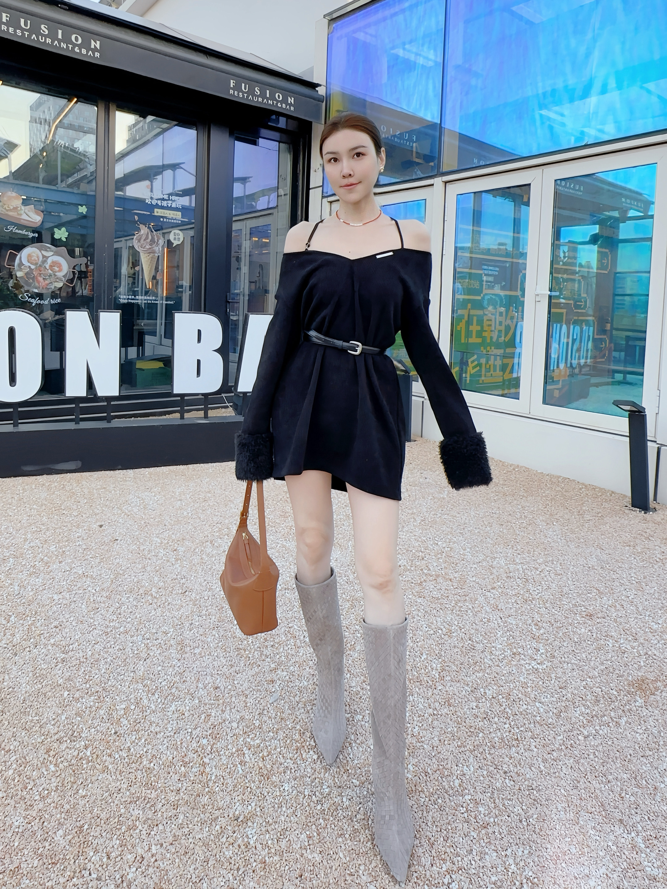 Le' Murmure冬季时尚羊反绒长筒靴堆堆设计慵懒随性 高跟拉长腿部比例