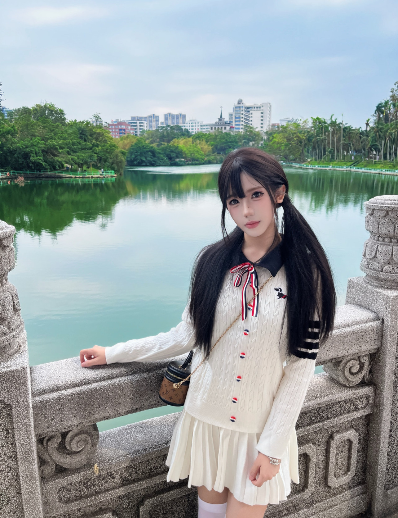 RR studio韩系甜妹polo领针织衫 蝴蝶结设计可爱减龄 短裙