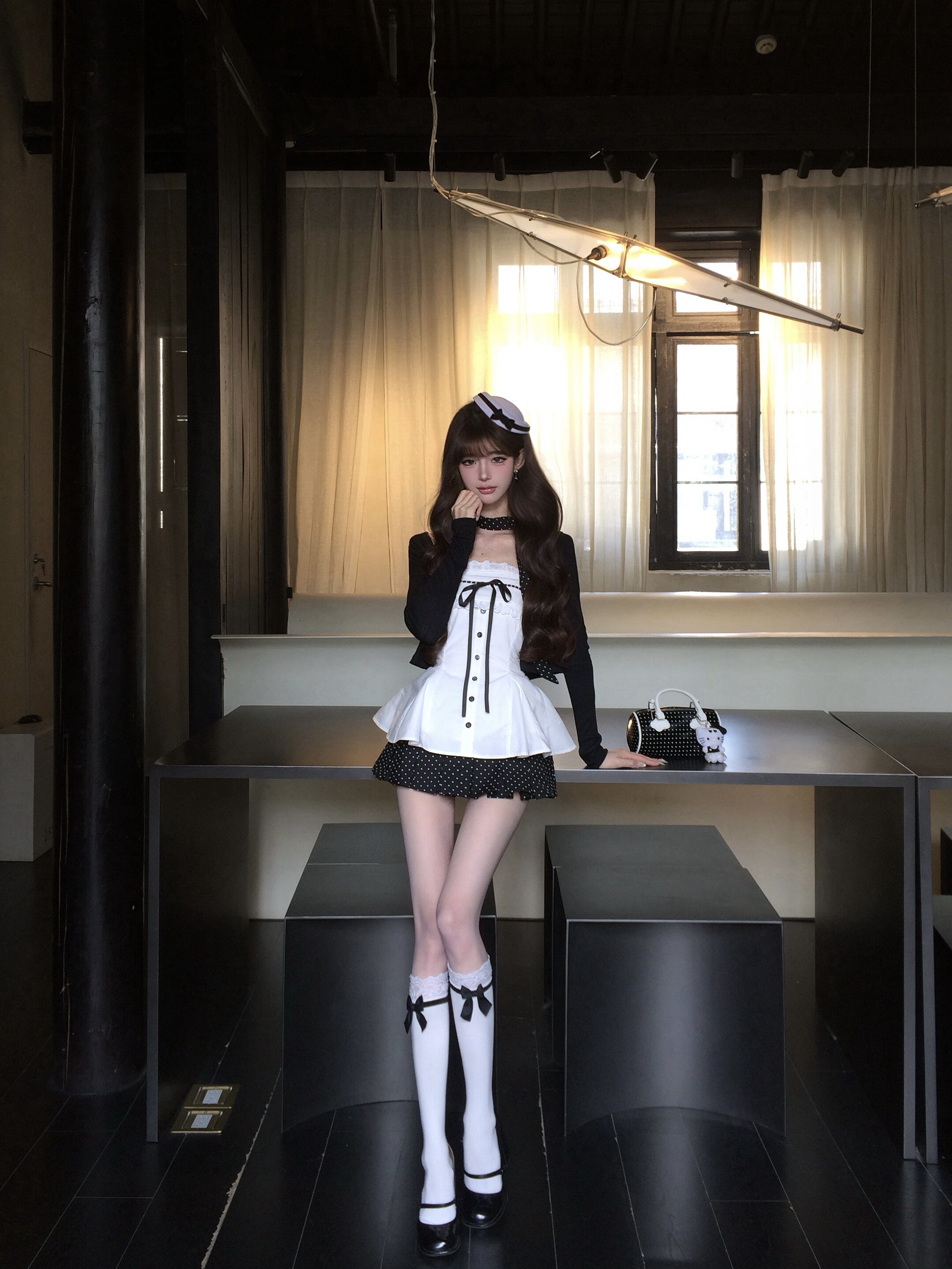 POPWEST韩女三件套 针织开衫+花边蝴蝶结吊带+波点短裙 一套搞定甜酷穿搭