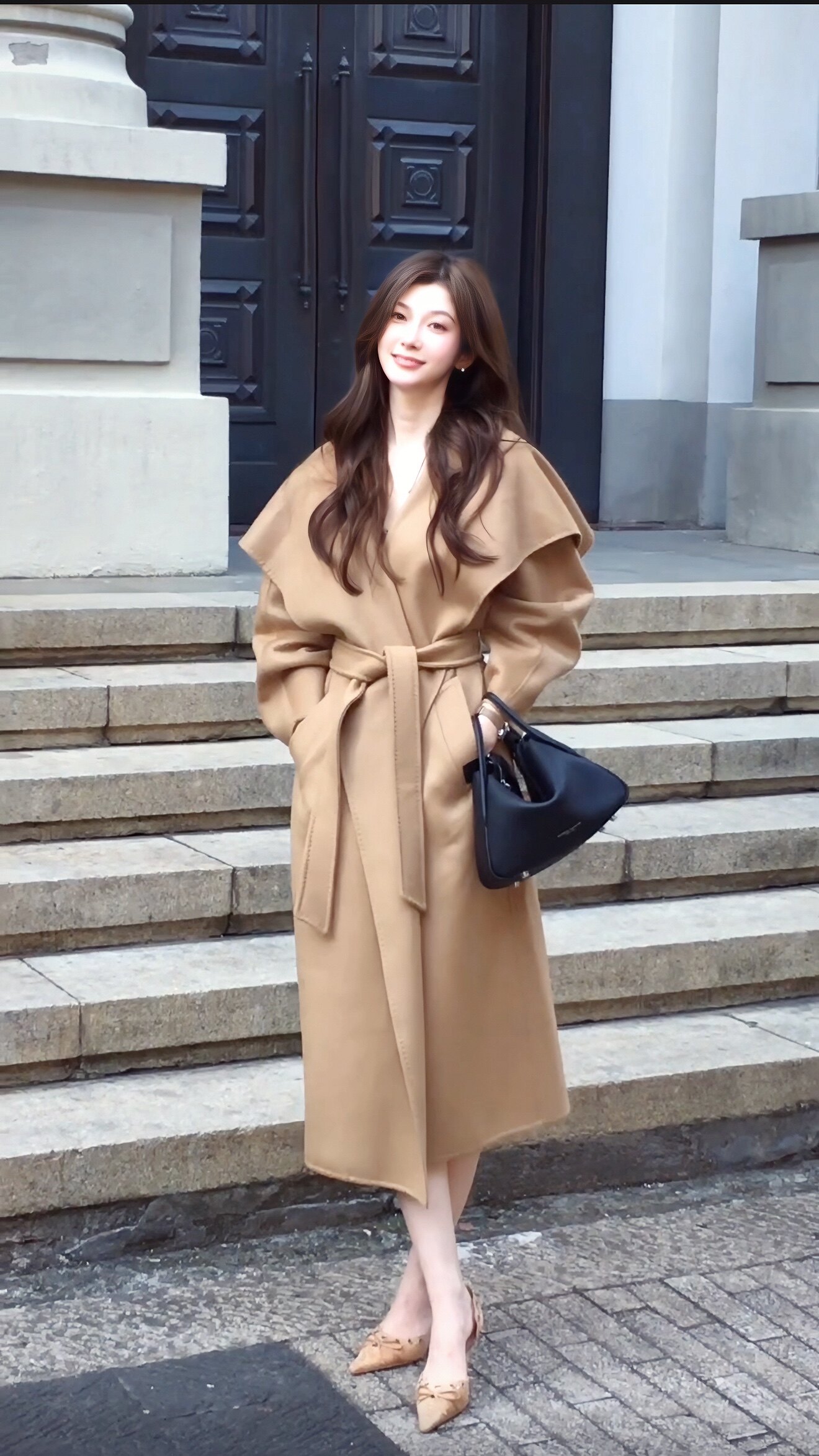 JIUCHIC|M家Rienza大翻领双面水波纹山羊绒大衣