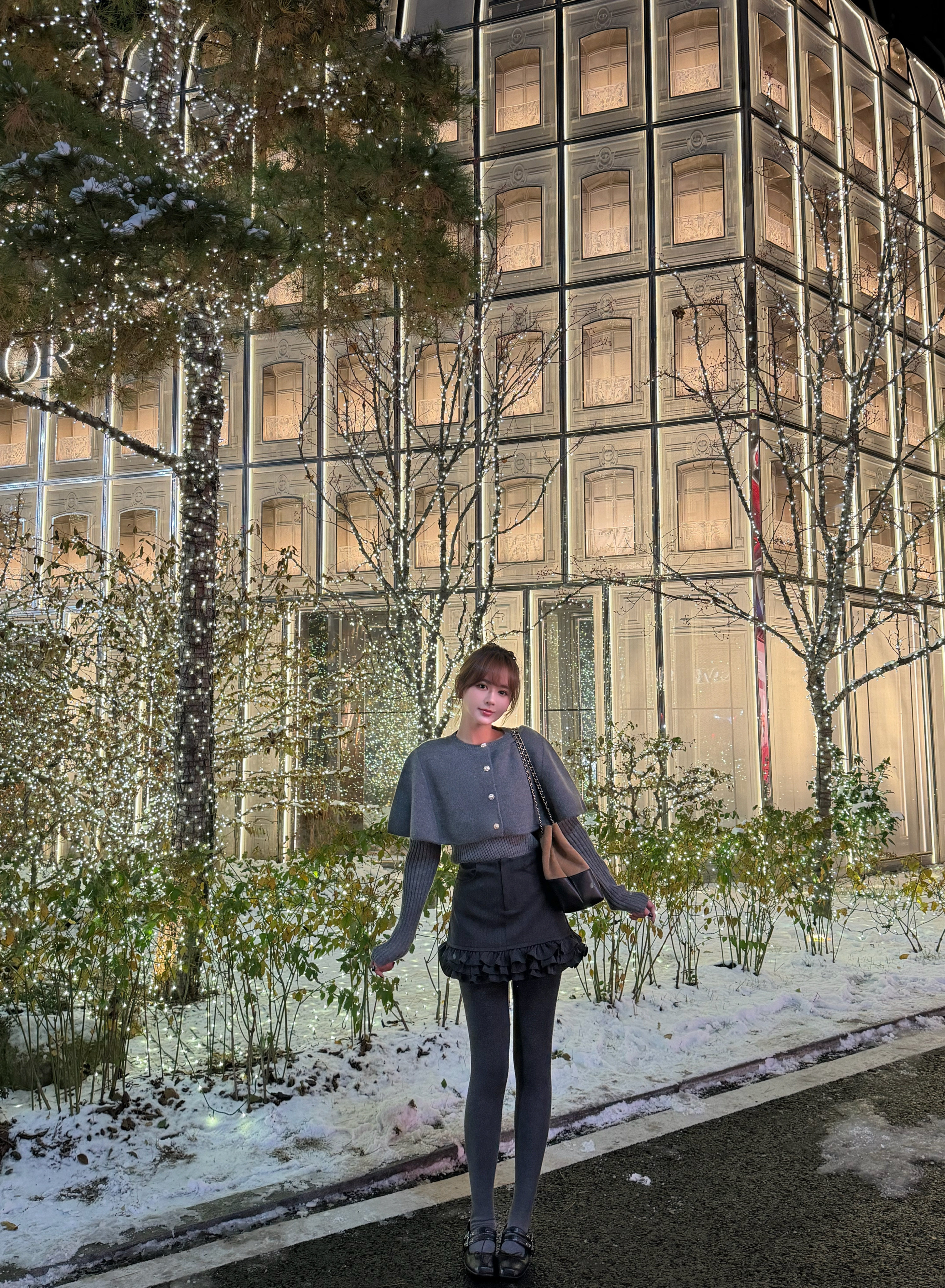 OYFF凡凡【小步舞曲】灰色套装,斗篷式廓形披肩A字短裙三件套设计省心