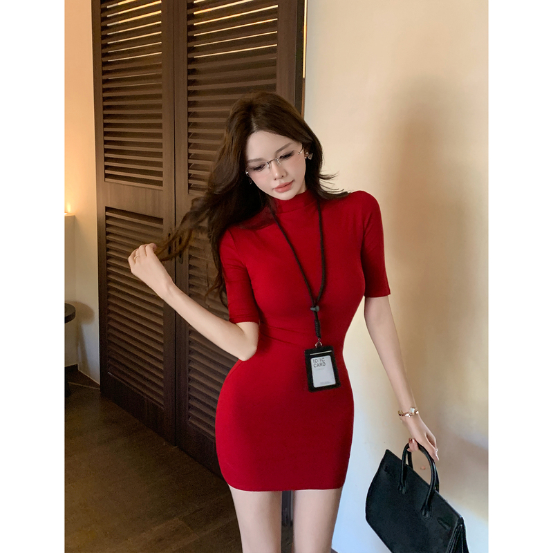 Lolisa Mature Style Mid-Sleeve High-Neck Knitted Dress for Women 2026 Spring Slim Fit Sexy Bodycon Short Skirt
