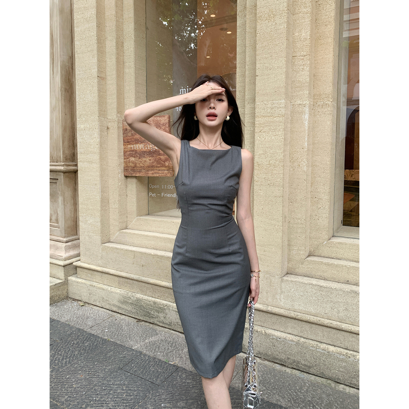 Lolisa Gray Suit-Style Rachel Dress Women's Summer High-Fashion Slim-Fit Elegant Sleeveless Slit Long Dress