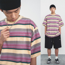 MessAge Original Equality Summer embroidery half sleeve top Vintage striped t-shirt Mens short sleeves loose national trend