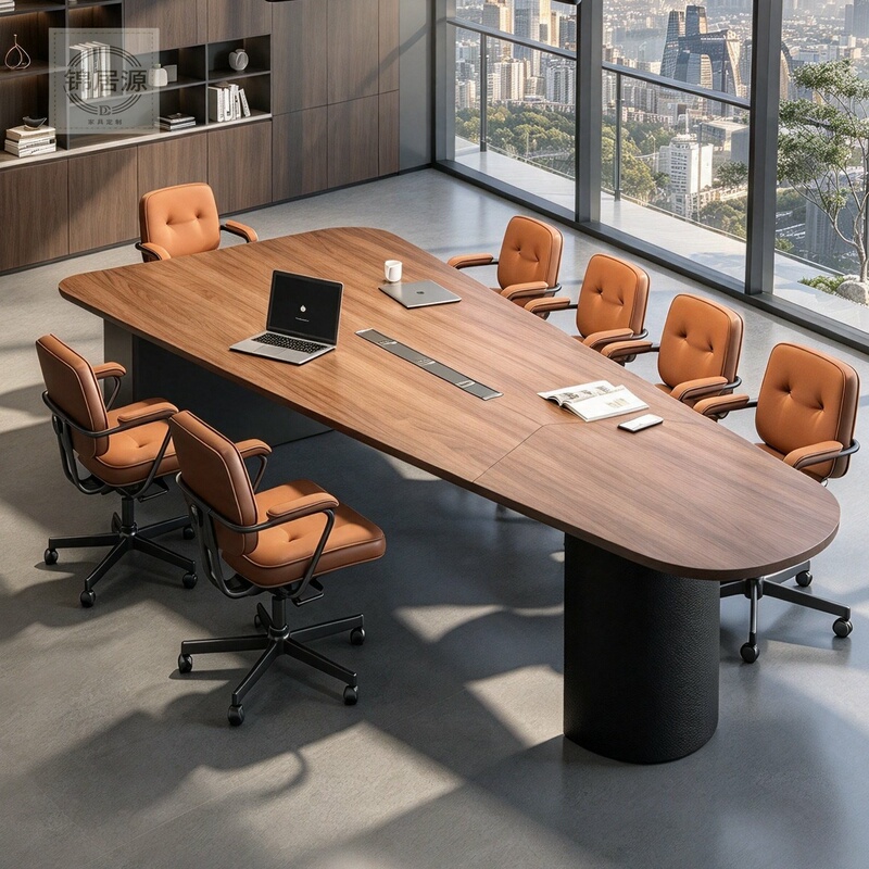 New Chinese-Style North American Black Walnut Conference Table, Simple and Elegant, Large Company Oval-Shaped Office Meeting Table Set