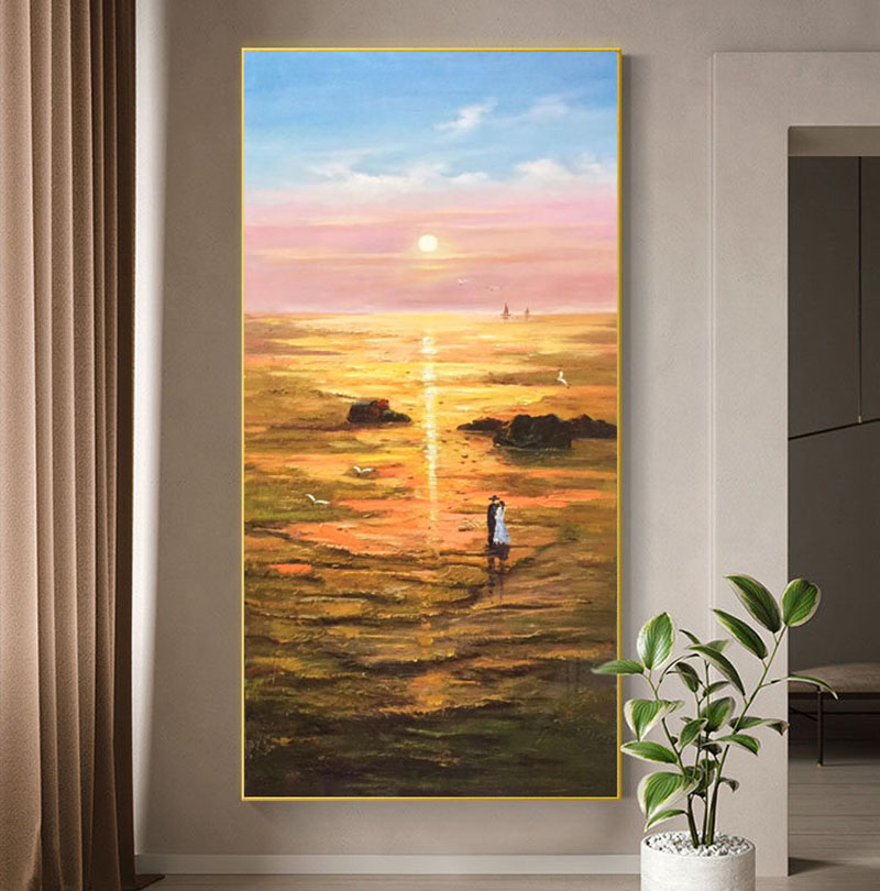 Handmade oil painting high-end light luxury vertical version of the hanging painting at the end of the corridor implies a good entrance porch decorative painting sunrise scenery