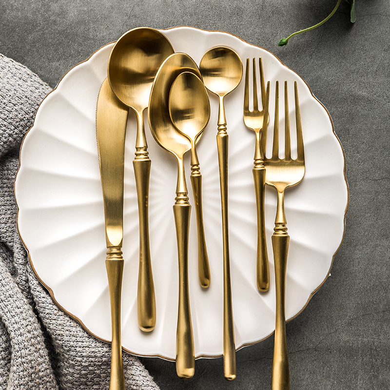 Porcelain soul household stainless steel steak knife and fork spoon, three - piece golden European move western - style food tableware dessert spoons