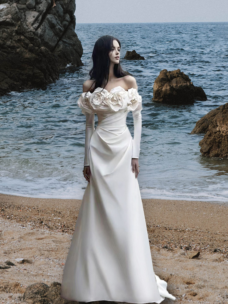 Sanskina fairy coat lined with satin bridal bridal light wedding dress 2023 long sleeve fish tail high-grade texture out-of-the-dress dresses Winter-Taobao